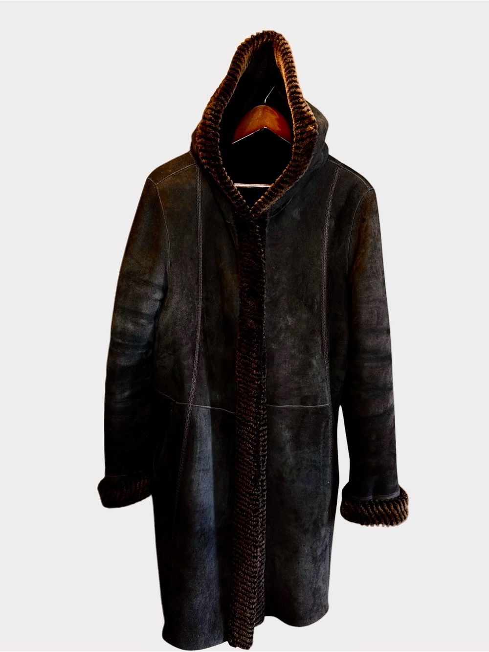 Genuine Shearling Sheepskin Hood Suede Warm Coat Chocolate Brown XL